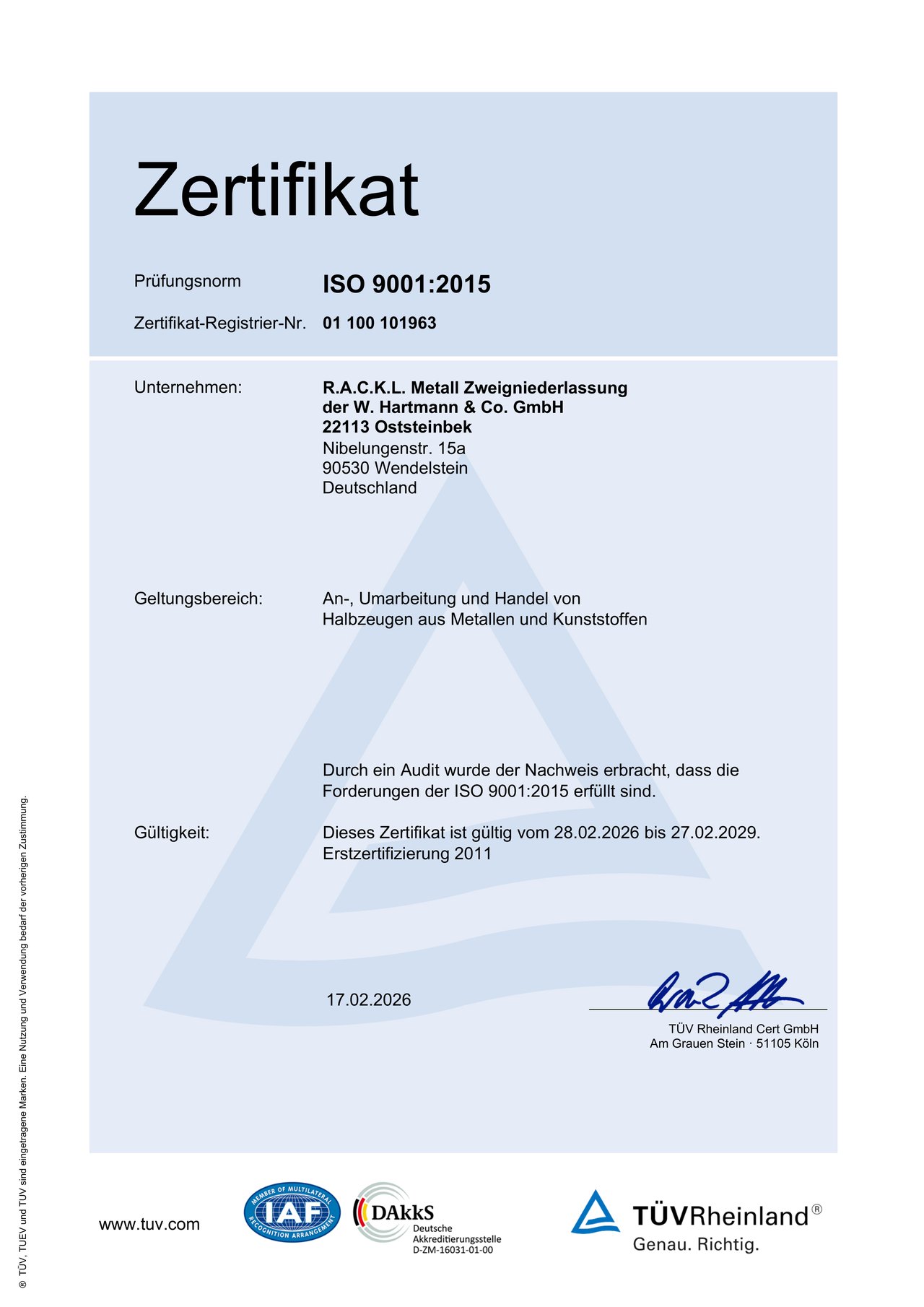 ISO-9001:2015-Zertifikat, gültig 28.02.2026 bis 27.02.2029